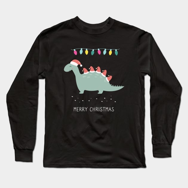 Dinosaur Merry Christmas Long Sleeve T-Shirt by Museflash